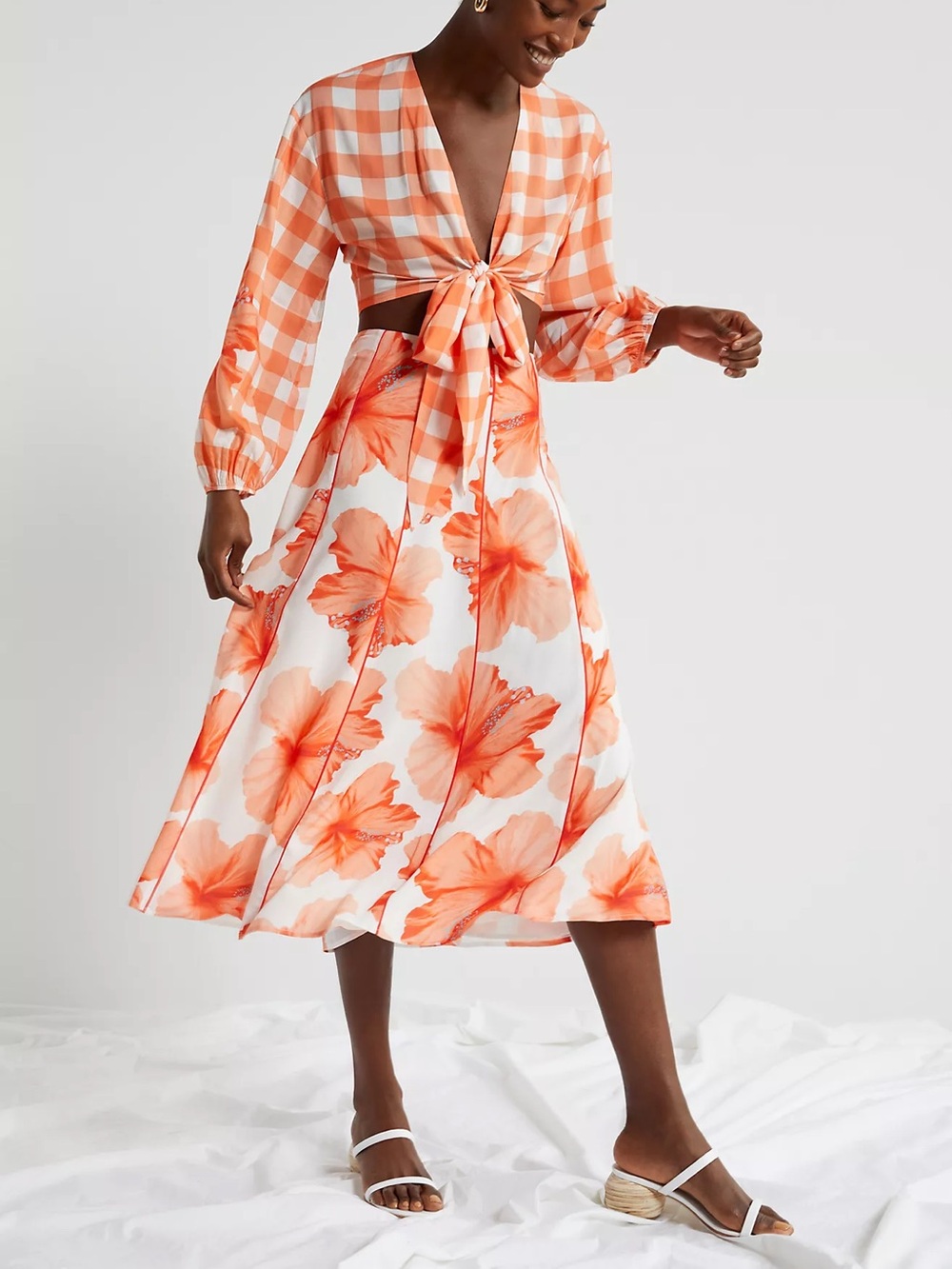 Anthropologie Farm Rio Orange White Floral Contrast Midi Skirt Size Medium